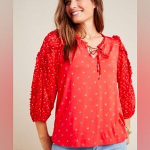 Anthropologie Red Blouse with Lace-Up Detail